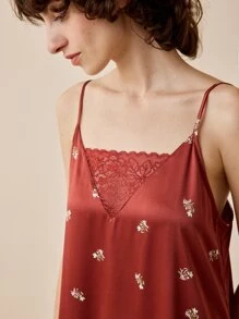 LUVLETTE Floral Print Contrast Lace Cami Sleep Dress - Redwood - View 3