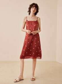 LUVLETTE Floral Print Contrast Lace Cami Sleep Dress - Redwood - View 5