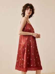 LUVLETTE Floral Print Contrast Lace Cami Sleep Dress - Redwood - View 6