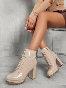 Giày bốt Nữ Thời trang Ren lên màu trơn Dây kéo bên Đúng mốt - Màu be - Xem 1
