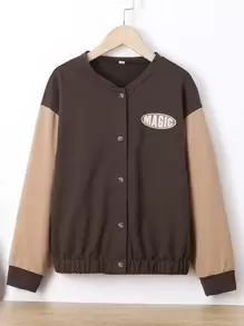 Niñas Cazadora con estampado de letra de hombros caídos de dos tonos - Marrón - Ver 1