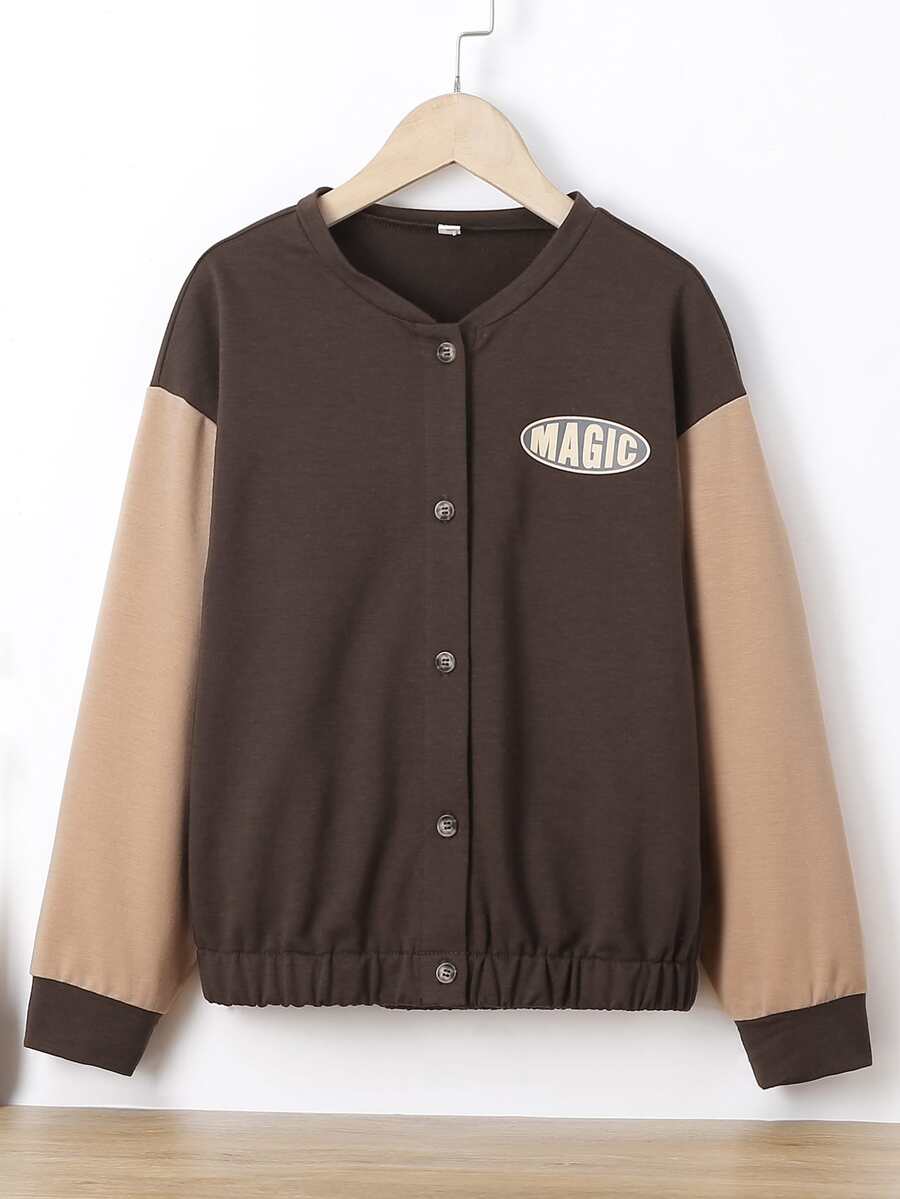 Niñas Cazadora con estampado de letra de hombros caídos de dos tonos - Marrón - Ver 1