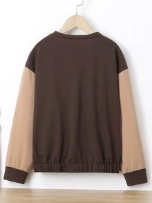 Niñas Cazadora con estampado de letra de hombros caídos de dos tonos - Marrón - Ver 2