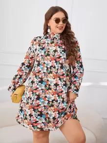 SHEIN VCAY 大碼後綁帶花卉印花荷葉袖洋裝 - 彩色 - 查看 4