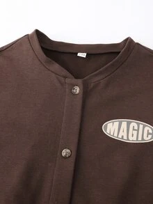 Niñas Cazadora con estampado de letra de hombros caídos de dos tonos - Marrón - Ver 4