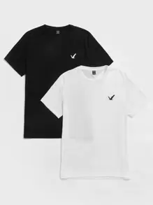 Manfinity VCAY Hombres 2 piezas Camiseta con bordado de pájaro - Blanco y Negro - Ver 1