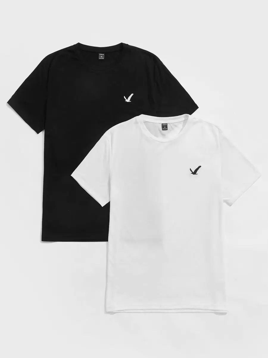 Manfinity VCAY Hombres 2 piezas Camiseta con bordado de pájaro - Blanco y Negro - Ver 1