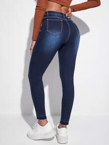 Quần jean nữ Túi Hem thô Bị tách Dây kéo màu trơn - Rửa tối - Xem 2