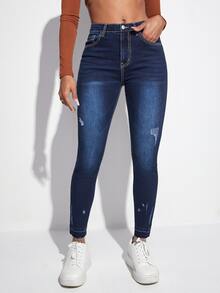 Quần jean nữ Túi Hem thô Bị tách Dây kéo màu trơn - Rửa tối - Xem 3