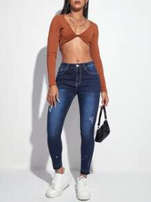 Quần jean nữ Túi Hem thô Bị tách Dây kéo màu trơn - Rửa tối - Xem 4