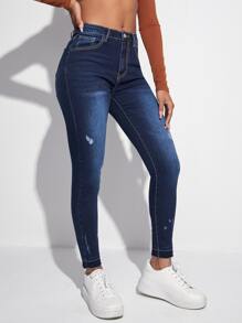 Quần jean nữ Túi Hem thô Bị tách Dây kéo màu trơn - Rửa tối - Xem 5