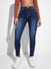 Quần jean nữ Túi Hem thô Bị tách Dây kéo màu trơn - Rửa tối - Xem 6