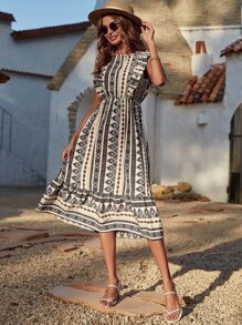 SHEIN Holidaya Ruffle Armhole Geo Print Dress - Multicolor - View 3