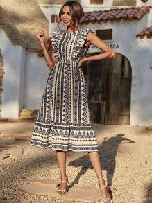 SHEIN Holidaya Ruffle Armhole Geo Print Dress - Multicolor - View 6