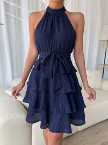 SHEIN LUNE Textured Knit Belted Layered Hem Dress - Navy Blue - View 4
