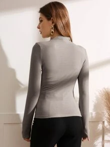 Modelyn Mock Neck Ruched Tee - Grey - View 2