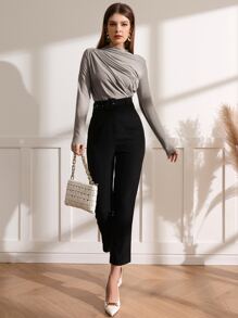Modelyn Mock Neck Ruched Tee - Grey - View 4
