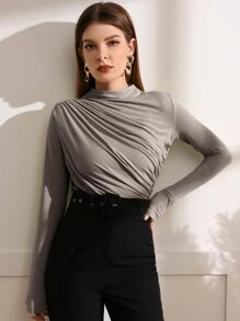 Modelyn Mock Neck Ruched Tee - Grey - View 5