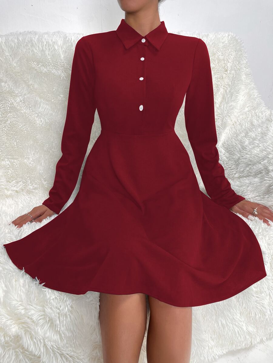 Half Button Solid Dress - Burgundy - View 1