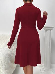 Half Button Solid Dress - Burgundy - View 2
