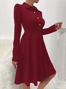 Half Button Solid Dress - Burgundy - View 3