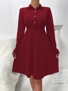 Half Button Solid Dress - Burgundy - View 4