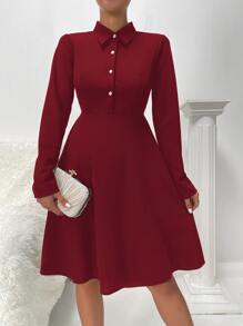 Half Button Solid Dress - Burgundy - View 5