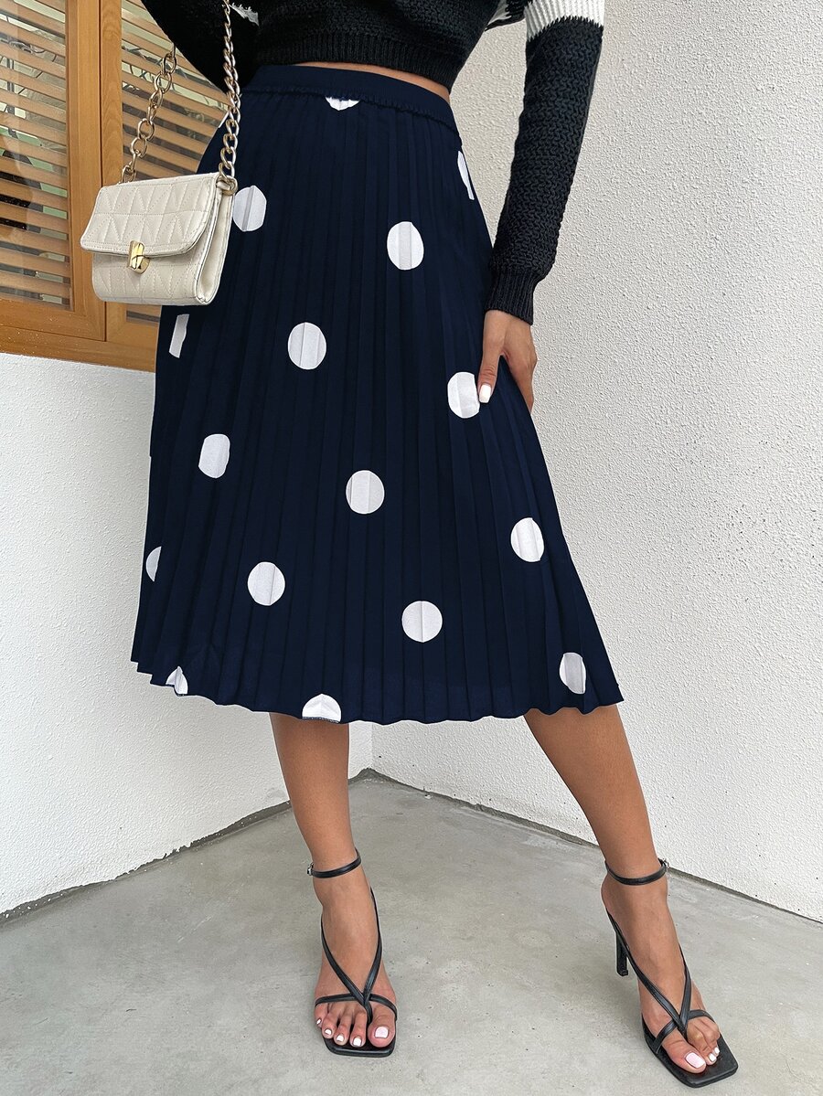 波點圖案百褶半身裙 - 藏蓝色 - 查看 1