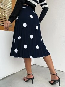 波點圖案百褶半身裙 - 藏蓝色 - 查看 2