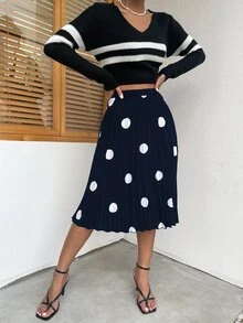 波點圖案百褶半身裙 - 藏蓝色 - 查看 3