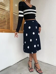 波點圖案百褶半身裙 - 藏蓝色 - 查看 4