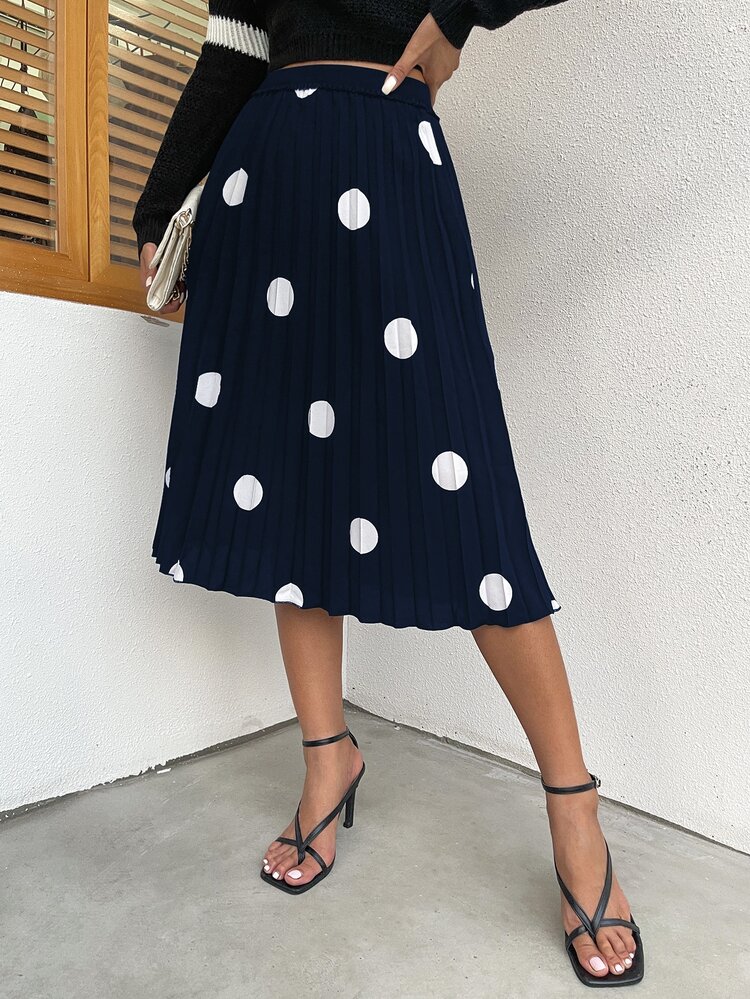 波點圖案百褶半身裙 - 藏蓝色 - 查看 5