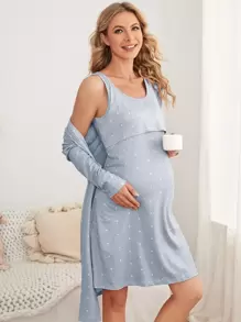 SHEIN Maternity Polka Dot Print Nursing Dress & Open Front Robe Lounge Set For Mother, Fall Clothes - Baby Blue - View 1