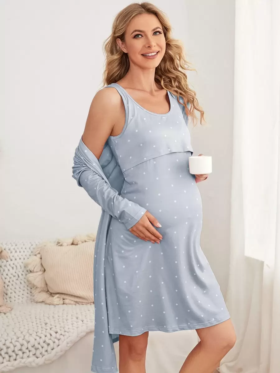 SHEIN Maternity Polka Dot Print Nursing Dress & Open Front Robe Lounge Set For Mother, Fall Clothes - Baby Blue - View 1