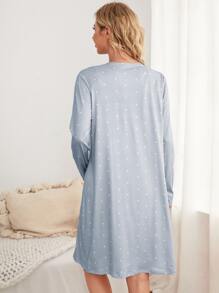 SHEIN Maternity Polka Dot Print Nursing Dress & Open Front Robe Lounge Set For Mother, Fall Clothes - Baby Blue - View 2