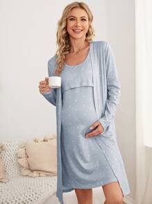SHEIN Maternity Polka Dot Print Nursing Dress & Open Front Robe Lounge Set For Mother, Fall Clothes - Baby Blue - View 5