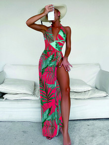 SHEIN Swim Phụ nữ một mảnh Lộ Lưng Buộc lại Trọn gói Nhiệt đới Boho - Nhiều màu - Xem 1