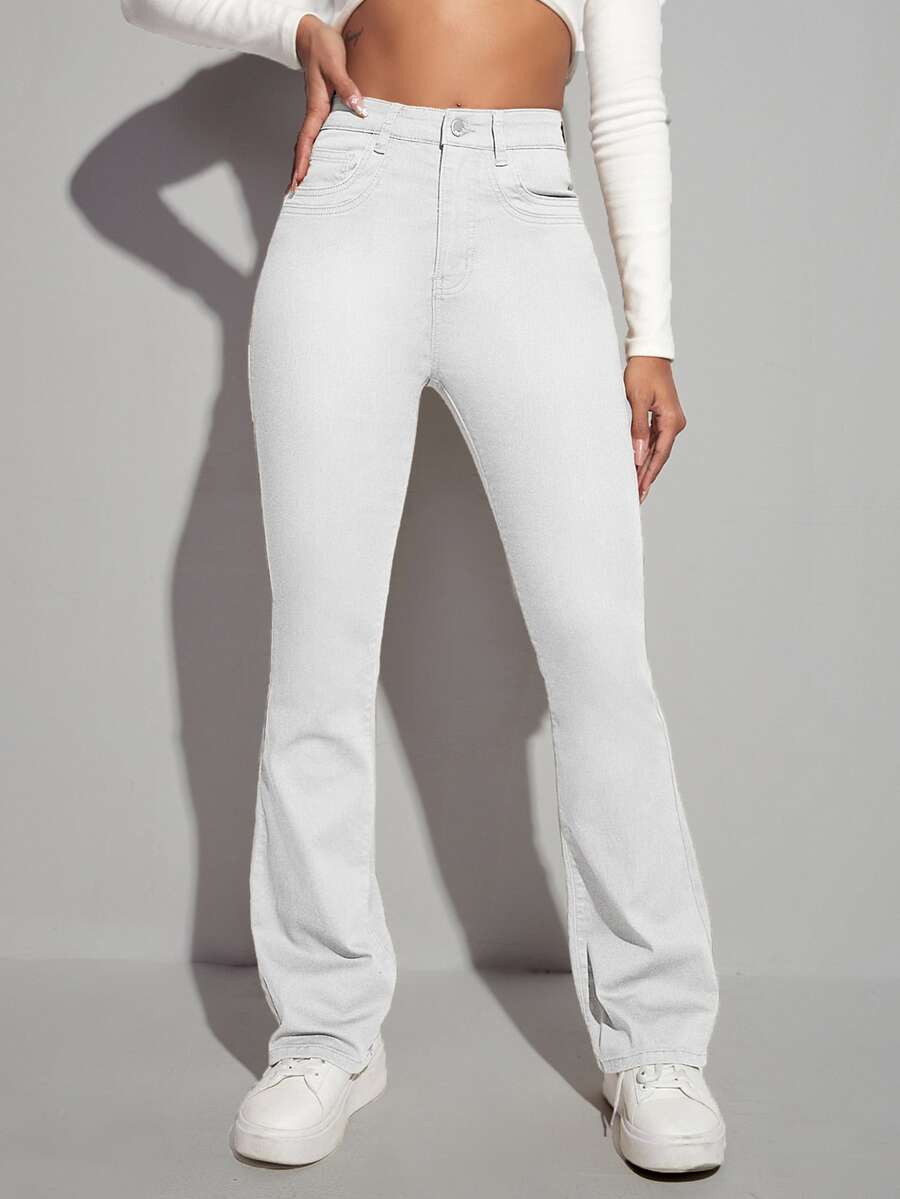 SHEIN High Waist Bleach Wash Flare Leg Jeans - White - View 1