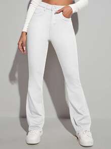 SHEIN High Waist Bleach Wash Flare Leg Jeans - White - View 3