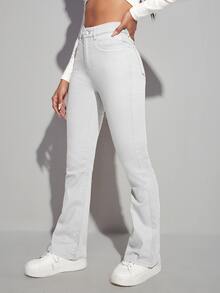 SHEIN High Waist Bleach Wash Flare Leg Jeans - White - View 4