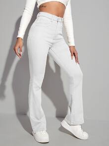 SHEIN High Waist Bleach Wash Flare Leg Jeans - White - View 5
