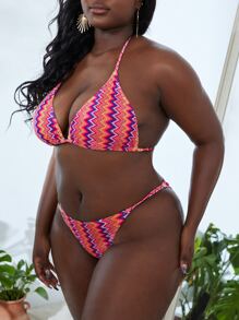 SHEIN Swim Curve 3packs Plus Size Chevron Stripe Halter Bikini Set & Beach Skirt Summer Beach - Multicolor - View 3