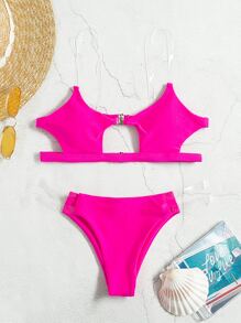 Plain Cut-Out Clear Strap Bikini - Hot Pink - View 3