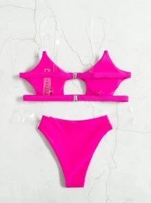 Plain Cut-Out Clear Strap Bikini - Hot Pink - View 6