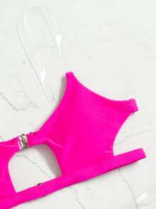 Plain Cut-Out Clear Strap Bikini - Hot Pink - View 4