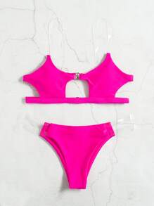 Plain Cut-Out Clear Strap Bikini - Hot Pink - View 5