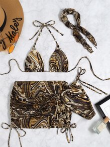 SHEIN Swim Summer Beach 4packs Marble Print Triangle Thong Bikini & Bandana - Multicolor - View 6