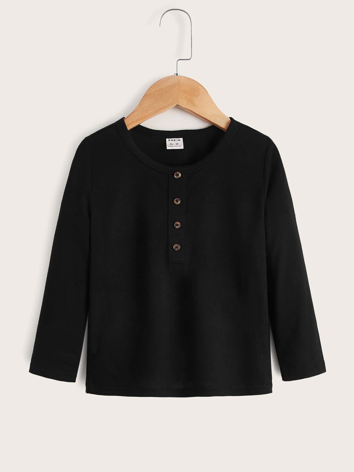 SHEIN Simple, Fashionable, Comfortable And Classic Solid Color T-Shirt With Front Button For Young Boys - Black - View 1