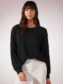 SHEIN Essnce Áo nỉ Chất rắn Textured Thả vai - màu đen - Xem 2