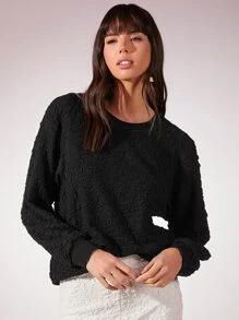 SHEIN Essnce Áo nỉ Chất rắn Textured Thả vai - màu đen - Xem 1